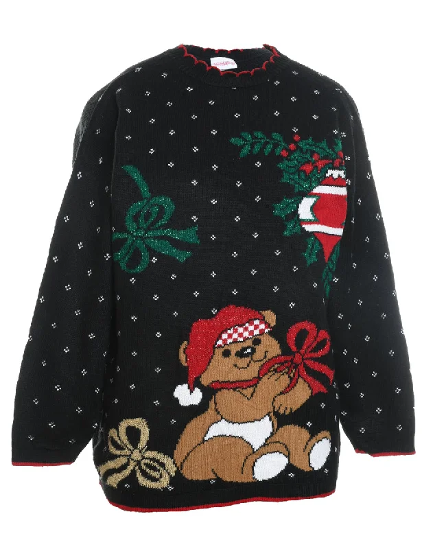 Teddy Bear Print Christmas Jumper - M Spandex Blend Rayon Blend Denim Blend
