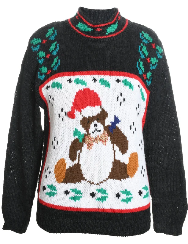Teddy Bear Print Christmas Jumper - M Machine Wash Dry Clean Hand Wash