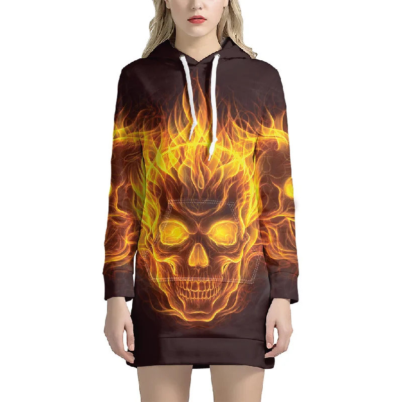 Three Flaming Skull Print Pullover Hoodie Dress