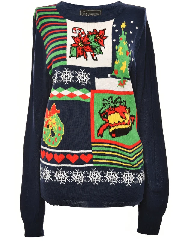 Tree Print Navy Christmas Jumper - M Polka Dot Checkered Tartan