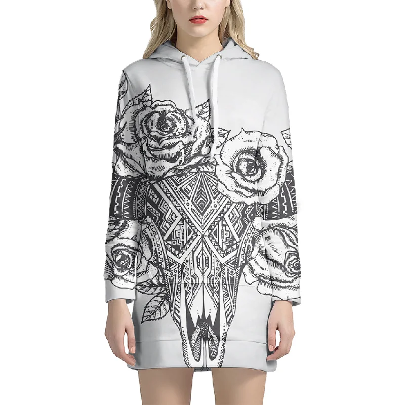 Tribal Indian Bull Skull Print Pullover Hoodie Dress
