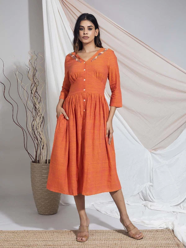 Tumpa Saffron Hand Embroidered Hand Woven Cotton Dress