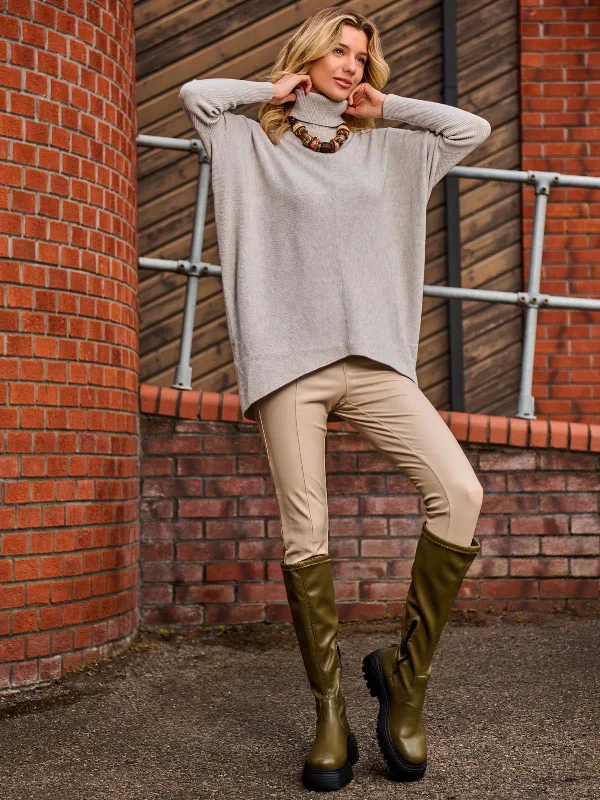 Turtleneck Batwing Fine Knit Jumper, Light Grey Polka Dot Checkered Tartan