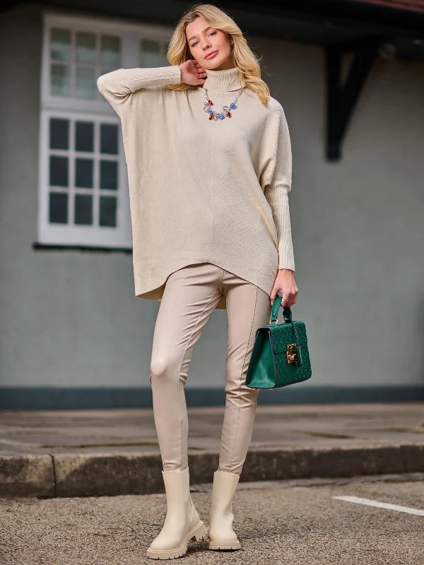 Turtleneck Batwing Fine Knit Jumper, Stone Hooded Caped Shawl Collar