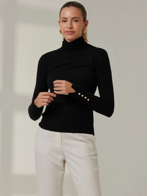 Turtleneck Fine Knit Fittted Jumper, Black Solid Color Striped Floral Print