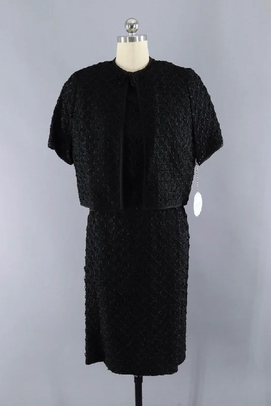 Vintage Black Ribbon Lace Dress and Jacket Set