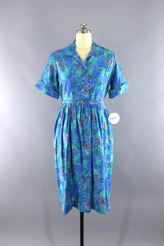 Vintage Blue Abstract Day Dress