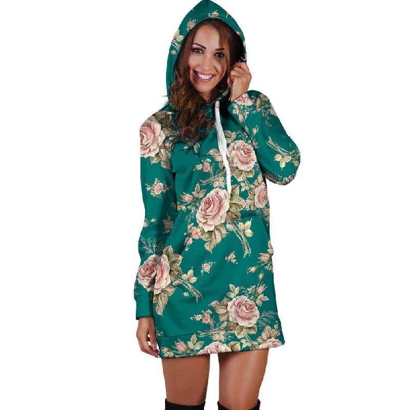 Vintage Watercolor Pink Rose Flower Print Hoodie Dress