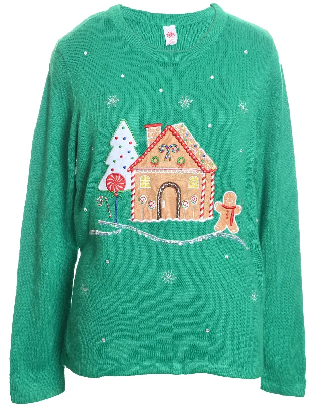 Winter Scene Green Knit Christmas Jumper - L Thin Thick Dense