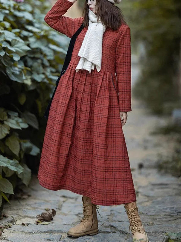 Women Autumn Vintage Plaid O-Neck Loose Dress