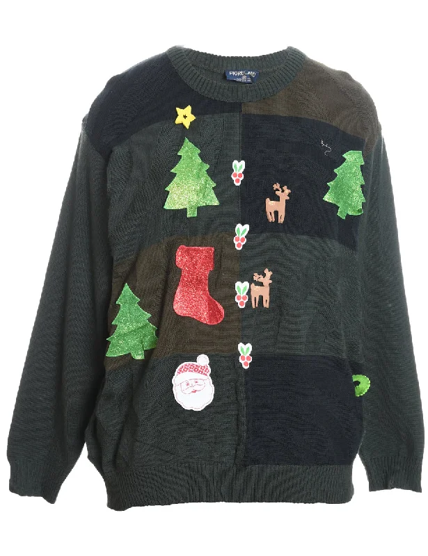 Wool Dark Green Knit Christmas Jumper - M Oversized Loose Flowy