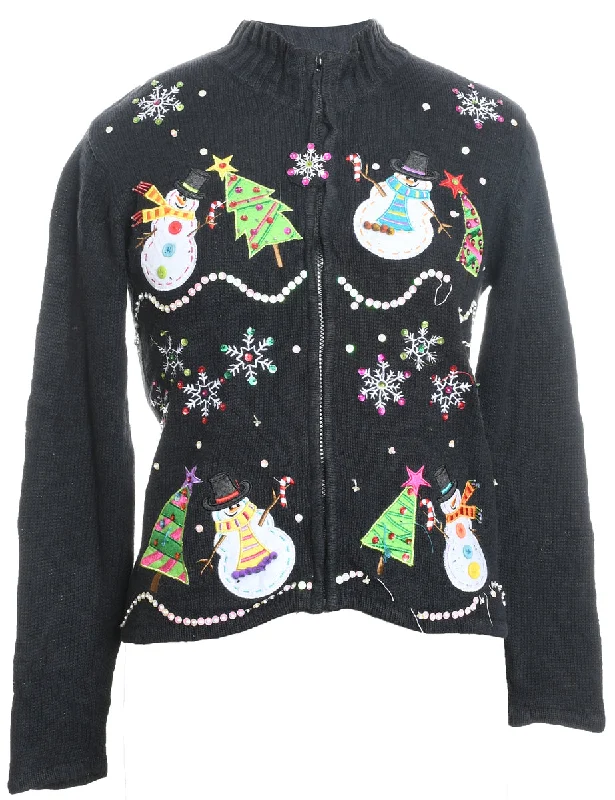 Zip-Front Appliqued Christmas Jumper  - M High Neck Crew Neck V-Neck