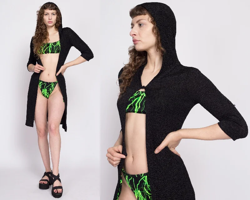 90s Black Knit Hooded Cover Up - Small Hoodie with Drawstring Waist Adjustable Fitted