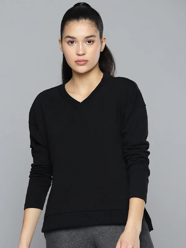 Alcis Women Black Solid Sweatshirt Hoodie with Button Placket Classic Preppy