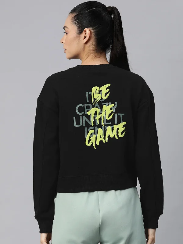 Alcis Women Motion Typography Printed Sweatshirt Hoodie with Puffed Sleeves Voluminous Trendy