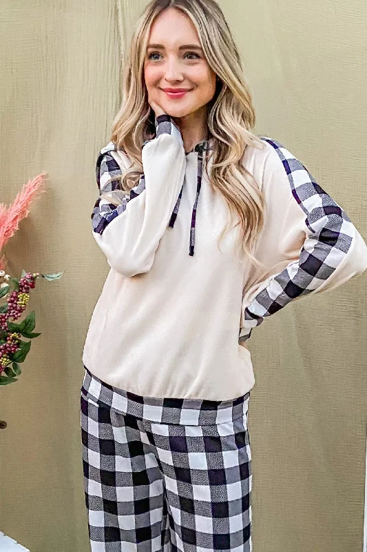 And The Why Drawstring Hooded Top and Plaid Pants Lounge Set Hoodie with Bell Sleeves Flared Feminine