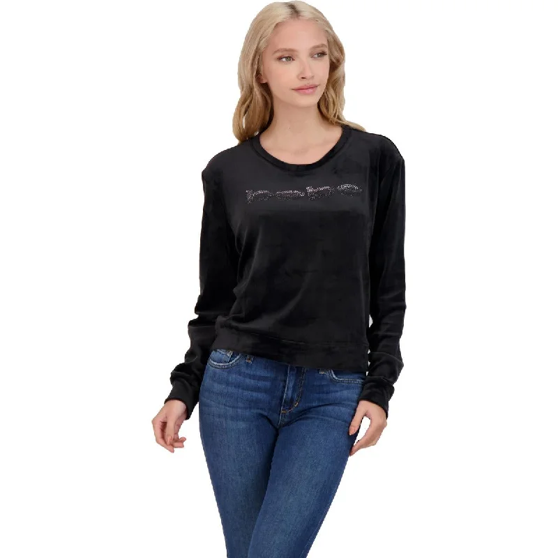 Bebe Women's Velour Logo Print Long Sleeve Crewneck Sweatshirt Hoodie with Print Artistic Unique
