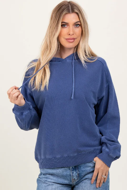 Blue French Terry Hooded Sweatshirt Hoodie with Hem Frayed Vintage Worn