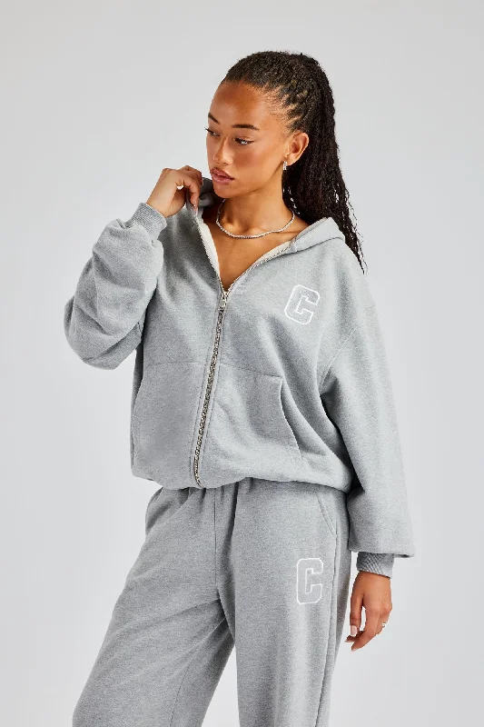C Embroidered Zip Through Hoodie - Grey Marl Hoodie with Side Slits Relaxed Casual