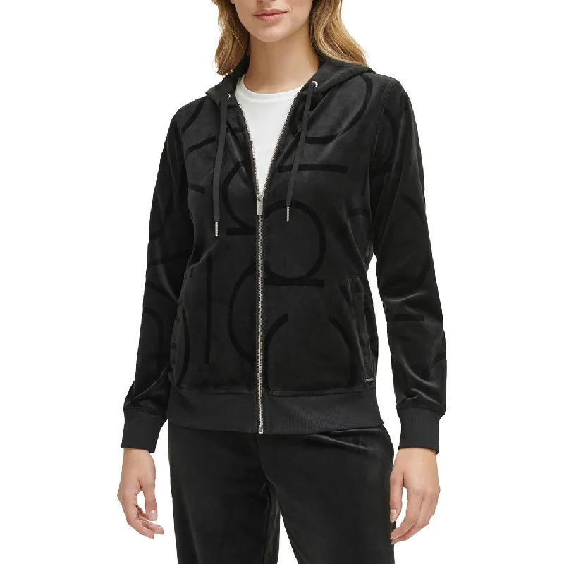 Calvin Klein Womens Velour Logo Embossed Zip Hoodie Hoodie with Front Slit Layering Stylish Calvin Klein Womens Velour Logo Embossed Zip Hoodie Hoodie with Front Slit Layering Stylish