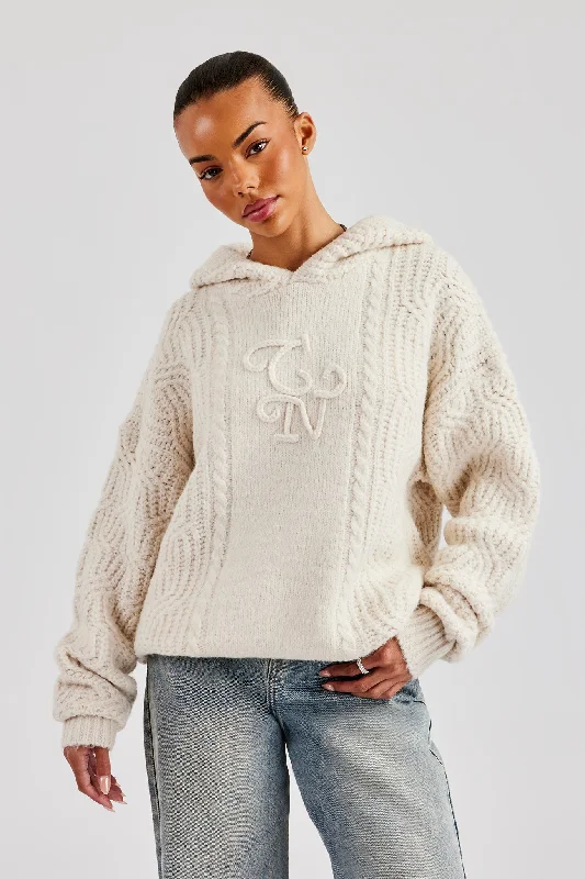 CCC Spliced Cable Knit Hoodie - Off White Hoodie with Full-Zip Functional Layering