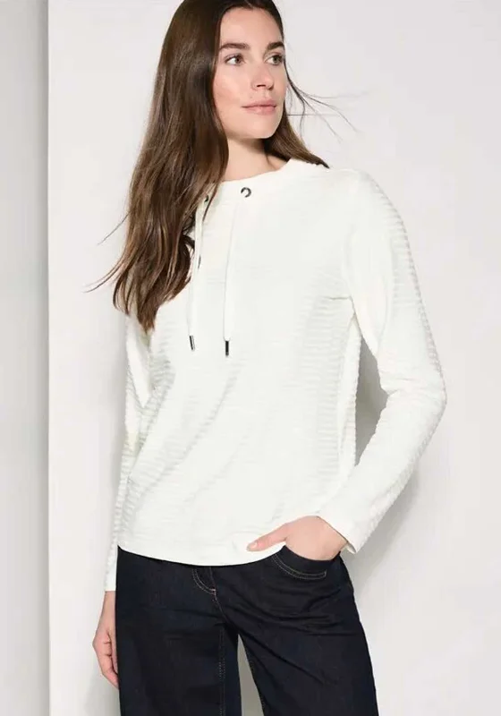 Cecil Textured Wavy Sweatshirt, Cream Hoodie with Hem Drawcord Adjustable Customizable