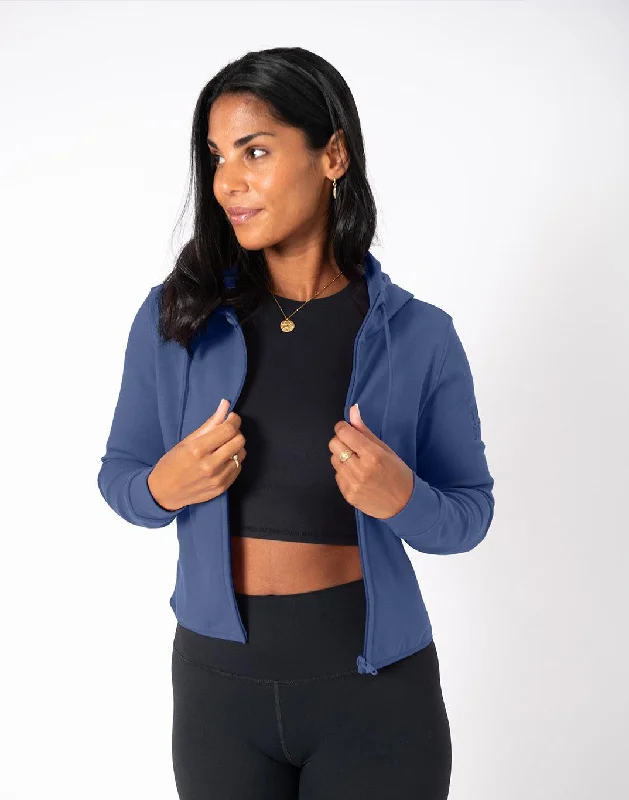 Chill Zip Crop Hoodie in Thunder Blue Hoodie with Cuffed Sleeves Snug Secure