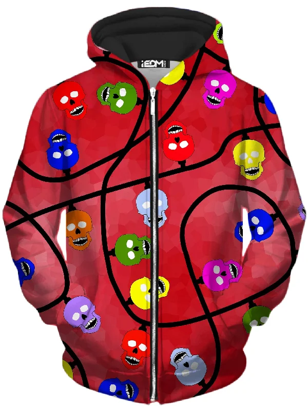 Christmas Skulls Red Unisex Zip-Up Hoodie Hoodie with Back Slit Movement Comfort