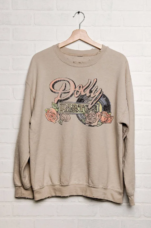 Livy Lu Dolly Parton Rose Record Thrifted Sweatshirt in Sand Hoodie with Pocket Utility Practical