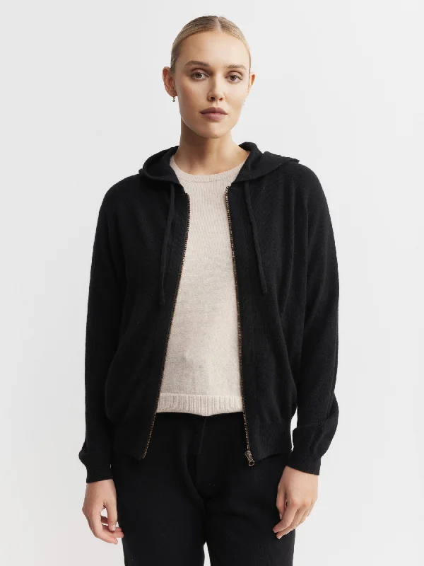 Essential Cashmere Zip Hoodie - Black Hoodie with Hem Elastic Stretchable Comfortable