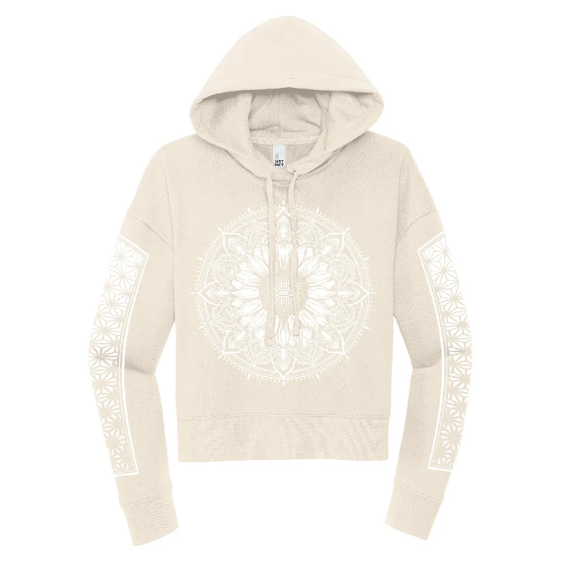 First Earth - Sunflower - Crop Hoodie - Cream/White Hoodie with Drawstring Waist Adjustable Fitted