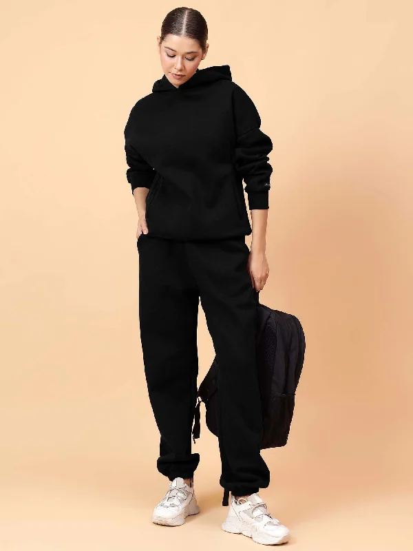 Fitkin Women Solid  Black CozyCore Fleece Hoodie Hoodie with Stripes Bold Sporty