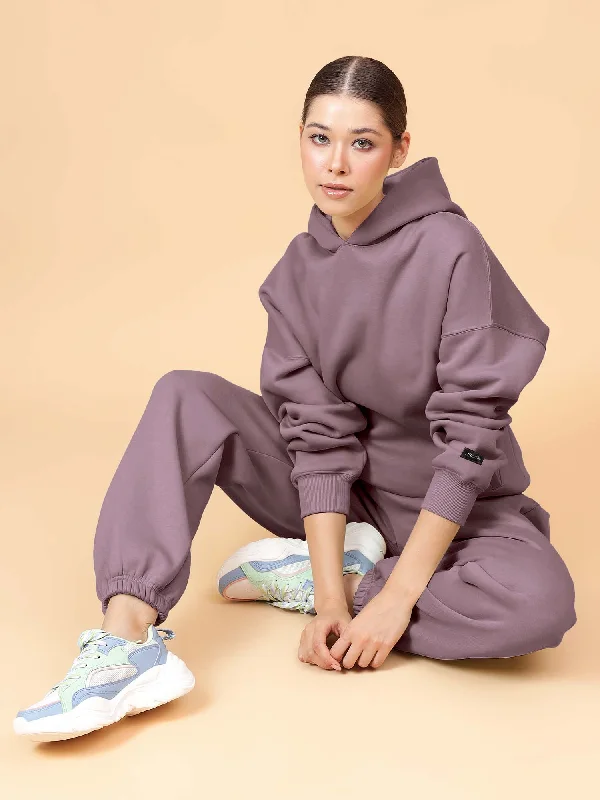 Fitkin Women Solid Lavender CozyCore Fleece Hoodie Hoodie with Rolled Sleeves Casual Relaxed