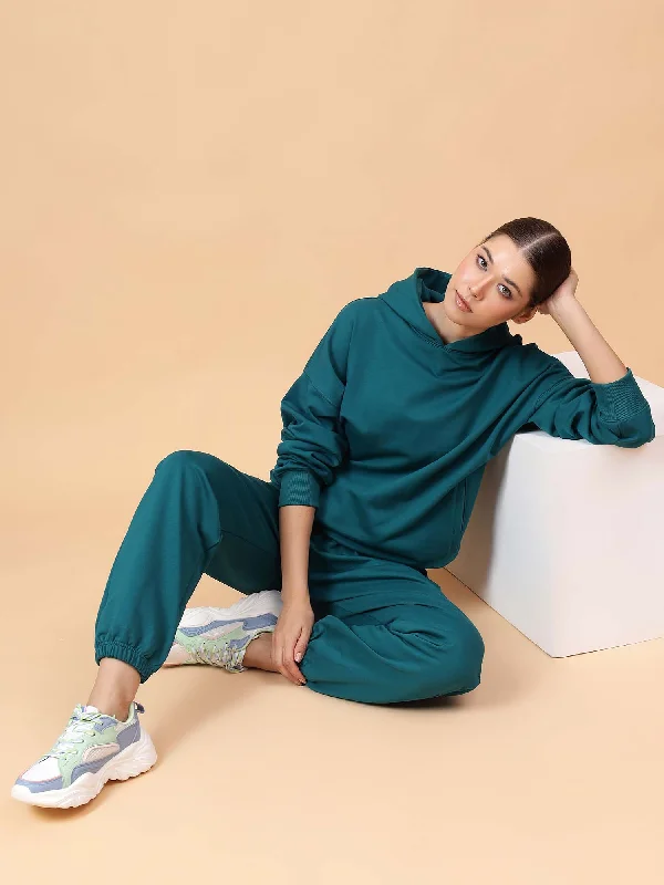 Fitkin Women Solid Teal Green CozyCore Fleece Hoodie Hoodie with Hem Patch Decorative Personalized