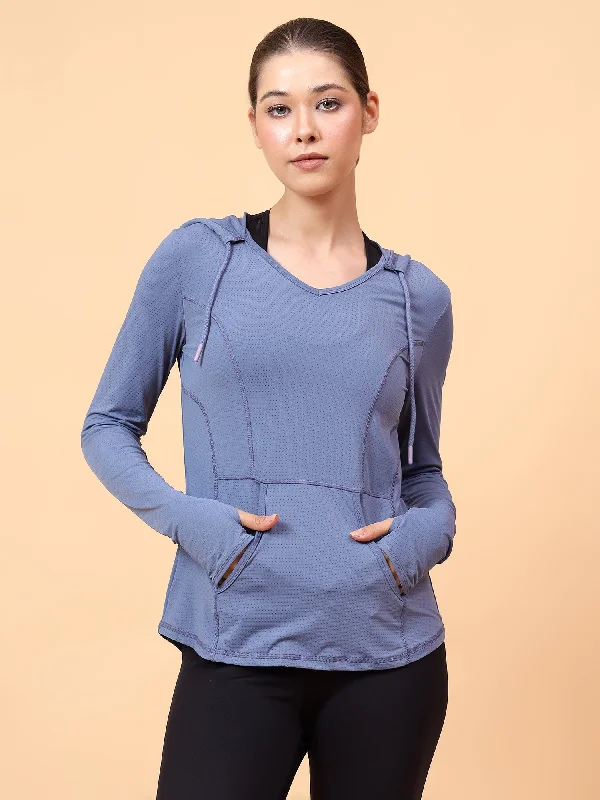 Fitkin Women's Blue Self Design Longsleeve Hooded Tshirt Hoodie with Camouflage Military Edgy
