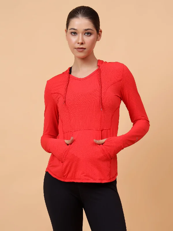 Fitkin Women's Red Self Design Longsleeve Hooded Tshirt Oversized Hoodie Comfort Casual