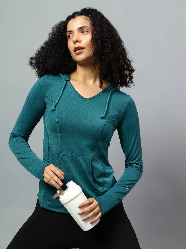 Fitkin Women's Teal Green Self Design Longsleeve Hooded Tshirt Hoodie with Contrast Stitching Detailed Premium