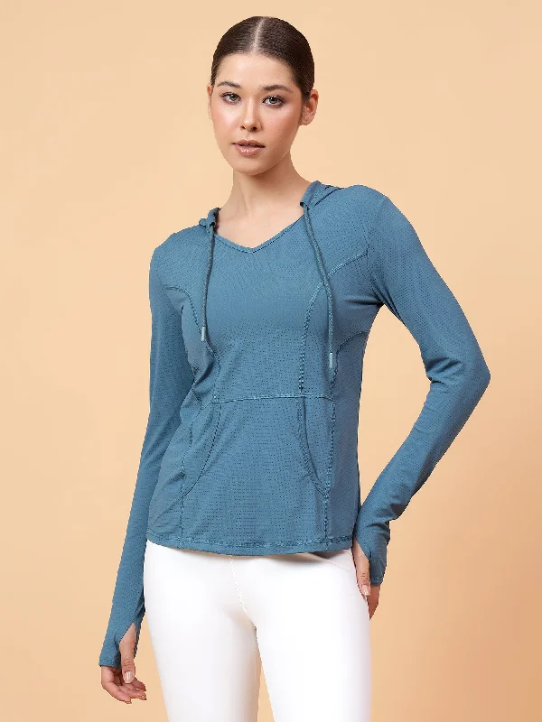 Fitkin Women's Turquoise Self Design Longsleeve Hooded Tshirt Oversized Hoodie Comfort Casual