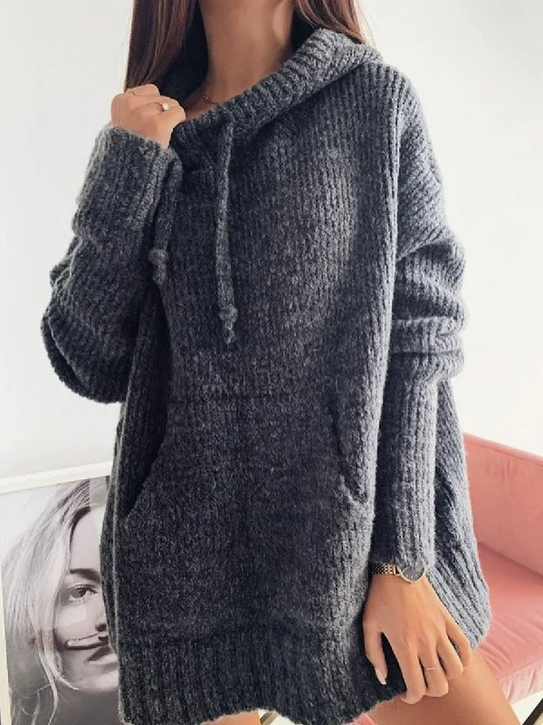 Gray Casual Knitted Hoodie Sweater Hoodie with Thumb Holes Functional Cozy