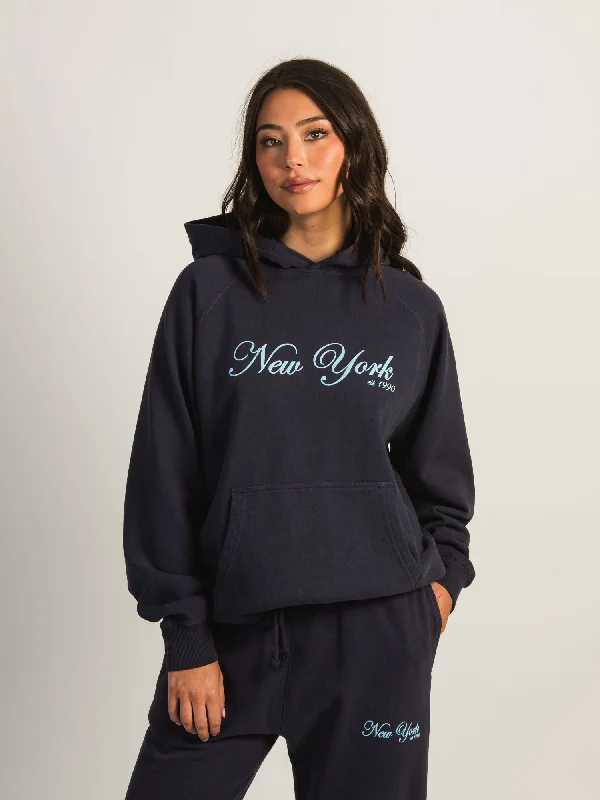 HARLOW CLOUD PRINT HOODIE - NEW YORK Hoodie with Tied Waist Feminine Flattering