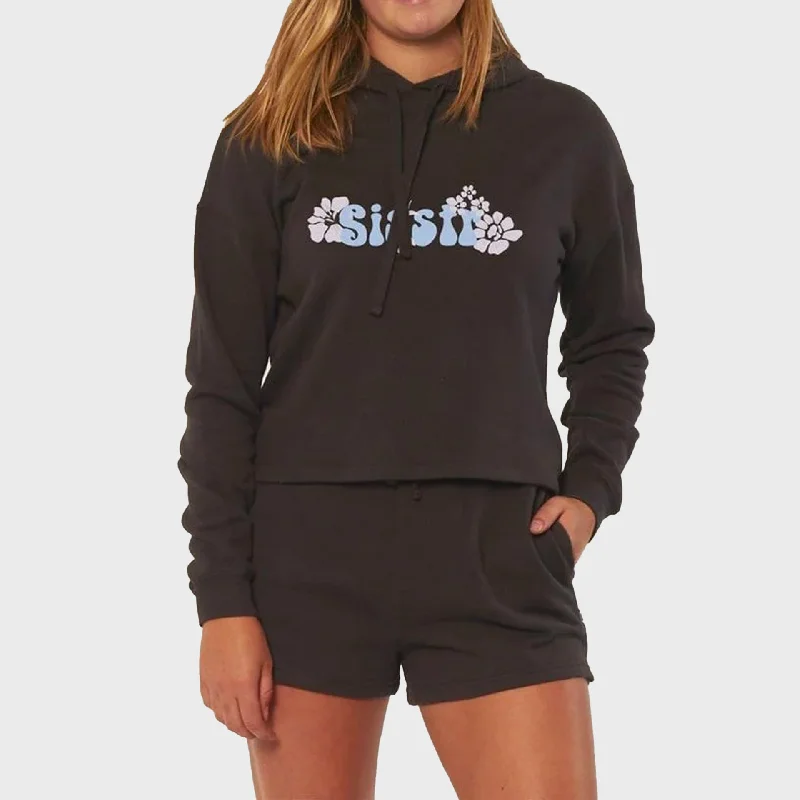 Sisstrevolution Hibiscus Heaven Womens Crop Hoodie - Charcoal Hoodie with Ribbed Hem Stretchable Secure