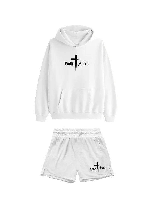 Holy Spirit Comfort Hoodie/Short Set - White Hoodie with Half-Zip Sporty Casual