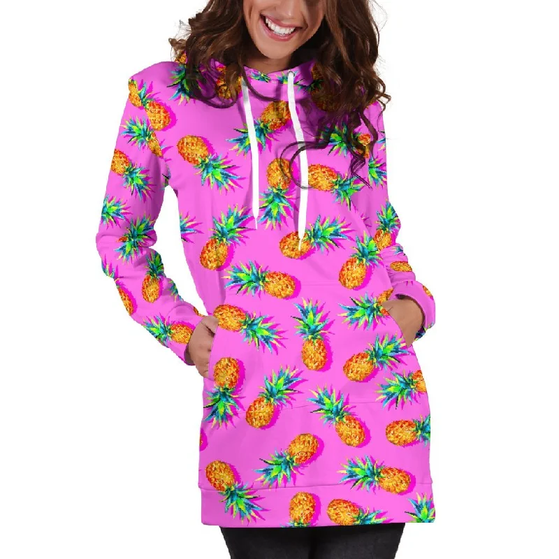 Hot Pink Pineapple Pattern Print Pullover Hoodie Dress Hoodie Sweatshirt Pullover