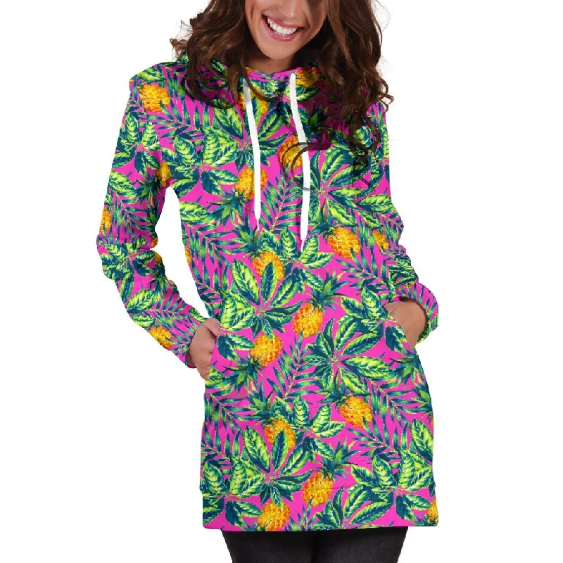 Hot Purple Pineapple Pattern Print Pullover Hoodie Dress Hoodie with Thumb Holes Functional Cozy