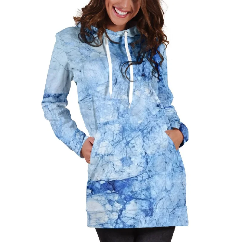 Ice Blue Marble Print Pullover Hoodie Dress Hoodie with Elastic Waist Stretchable Comfortable
