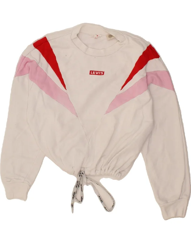 LEVI'S Womens Oversized Crop Sweatshirt Jumper UK 10 Small White Hoodie with Slim Fit Tailored Modern