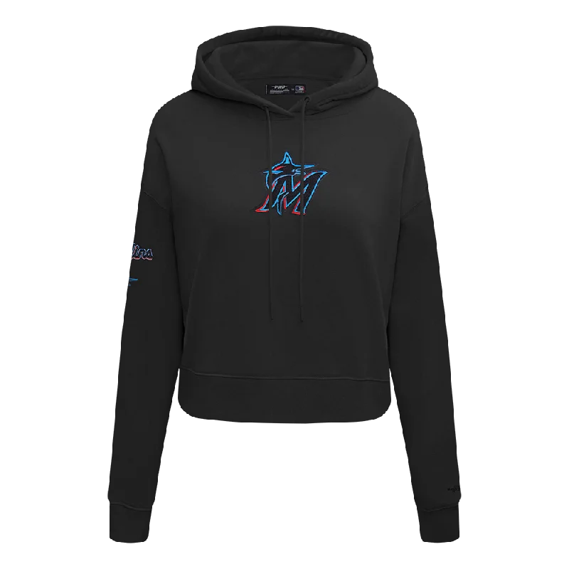 MLB MIAMI MARLINS CLASSIC WOMEN'S FLC CROPPED PO HOODIE (BLACK) Hoodie with Snap Buttons Easy Quick