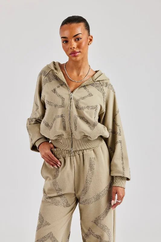 Rhinestone Cross Boxy Zip Hoodie - Khaki Hoodie with Puffed Sleeves Voluminous Trendy