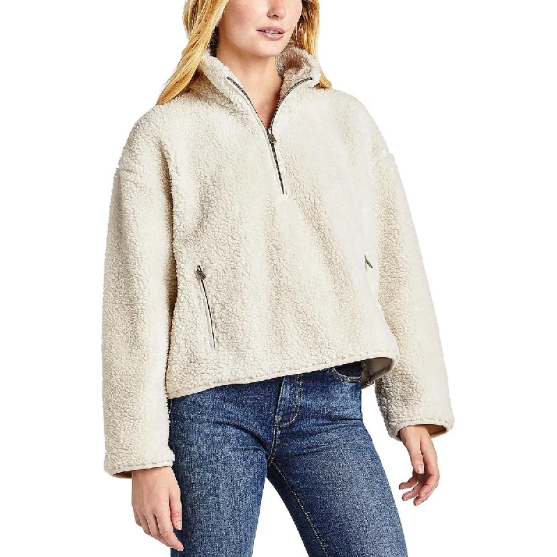 Splendid Womens Faux Fur 1/4 Zip Sweatshirt Hoodie with Belted Waist Structured Tailored