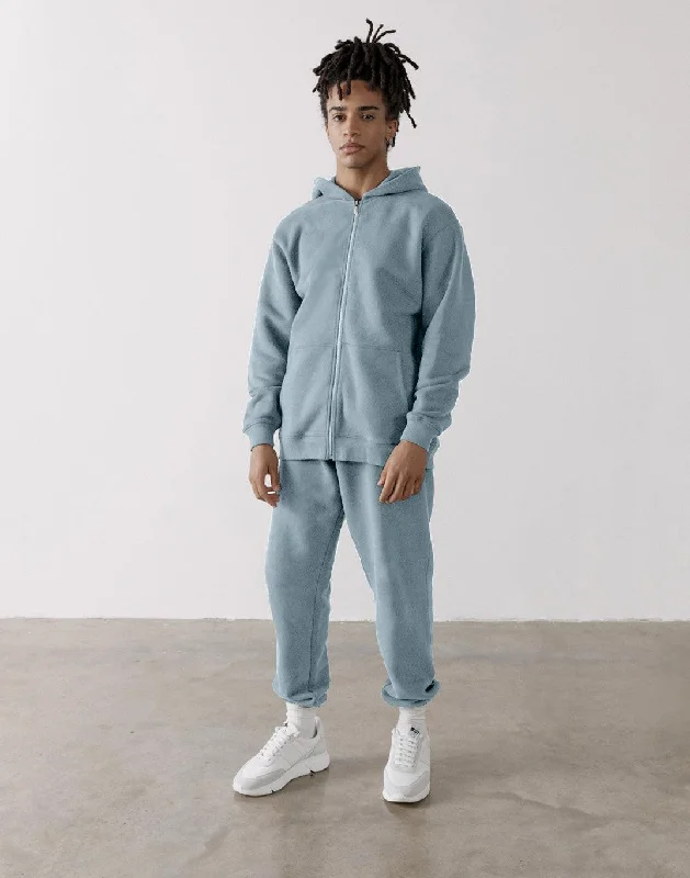 The Oversized Zip Hoodie in Chalk Blue Hoodie with Hem Embroidery Detailed Premium